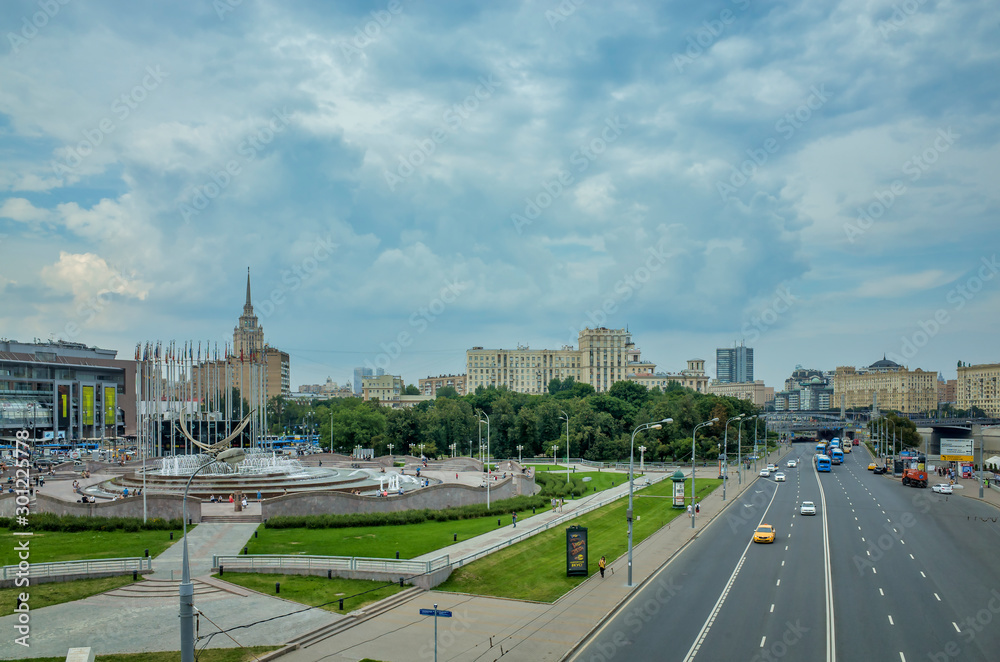 Moscow, Russia - July 15, 2018: View from the bridge of Bogdan Khmelnitsky to the European Square near the Kiev railway station, Berezhkovskaya embankment