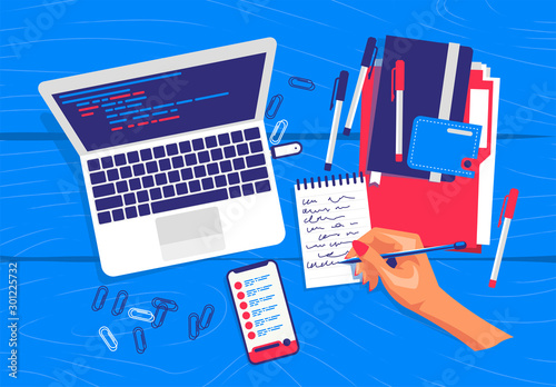 vector illustration of hand holding pen, business planning stage, top view, stationery, notebook, paper clips, mobile phone with notes, diary with Notepad