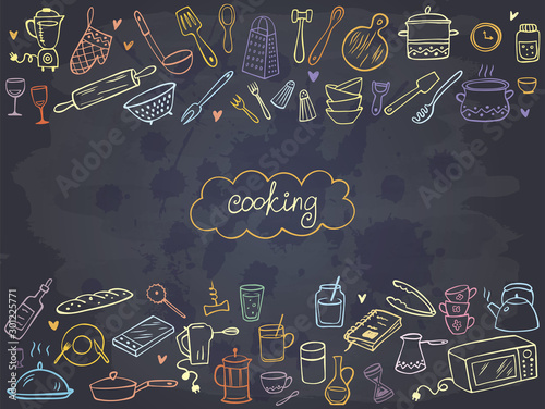 Frame from colorful doodle kitchen tools on chalkboard. Vector illustration. Perfect for wallpaper, pattern fills, textile, web page background, surface textures.