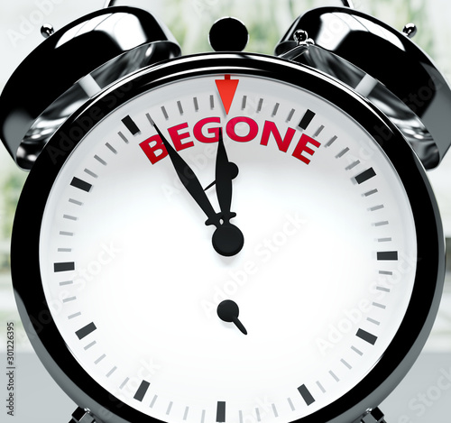 Begone soon, almost there, in short time - a clock symbolizes a reminder that Begone is near, will happen and finish quickly in a little while, 3d illustration photo