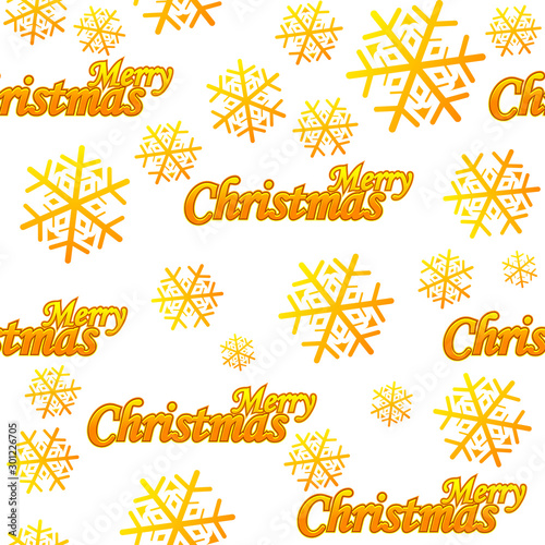 Seamless pattern Merry Christmas. Golden logo and snow on white background