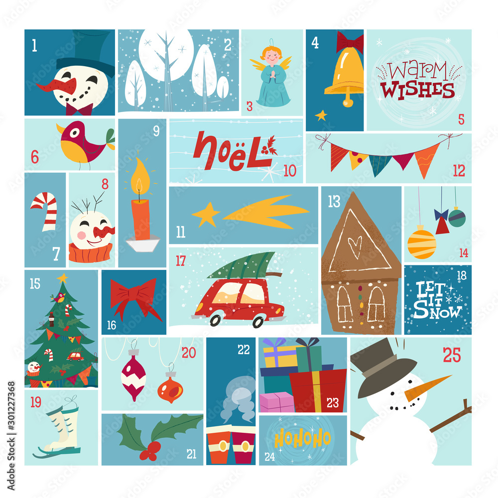 Advent calendar in funny style. Illustrations in mid-century style. Merry Holidays. Christmas stamp collection.