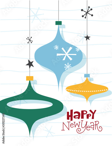 Happy New Year. Christmas card with three balls and snowflakes. Illustrations in mid-century style.