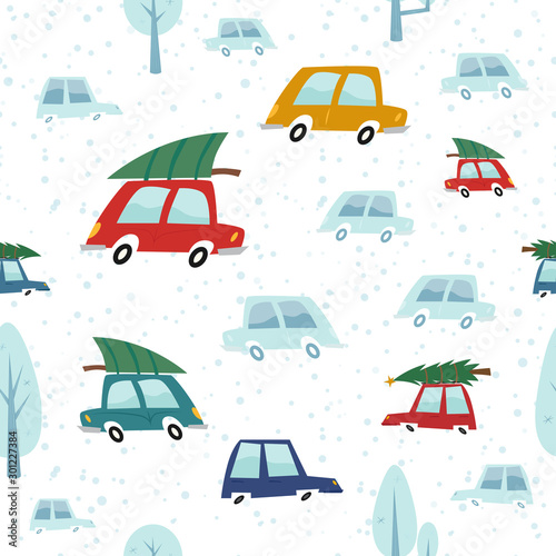 New Year seamless pattern. Multi-colored cars carry Christmas trees on a background of falling snow. Illustrations in mid century style. Background for gift wrapping.