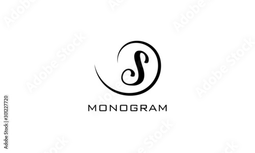 Monogram. Typographic logo with capital letter S. Icon lettering style with decorative swirl in black isolated on light background.