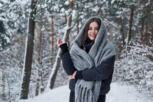 Cold woods and hot girl. Portrait of charming woman in the black jacket and grey scarf in the winter forest