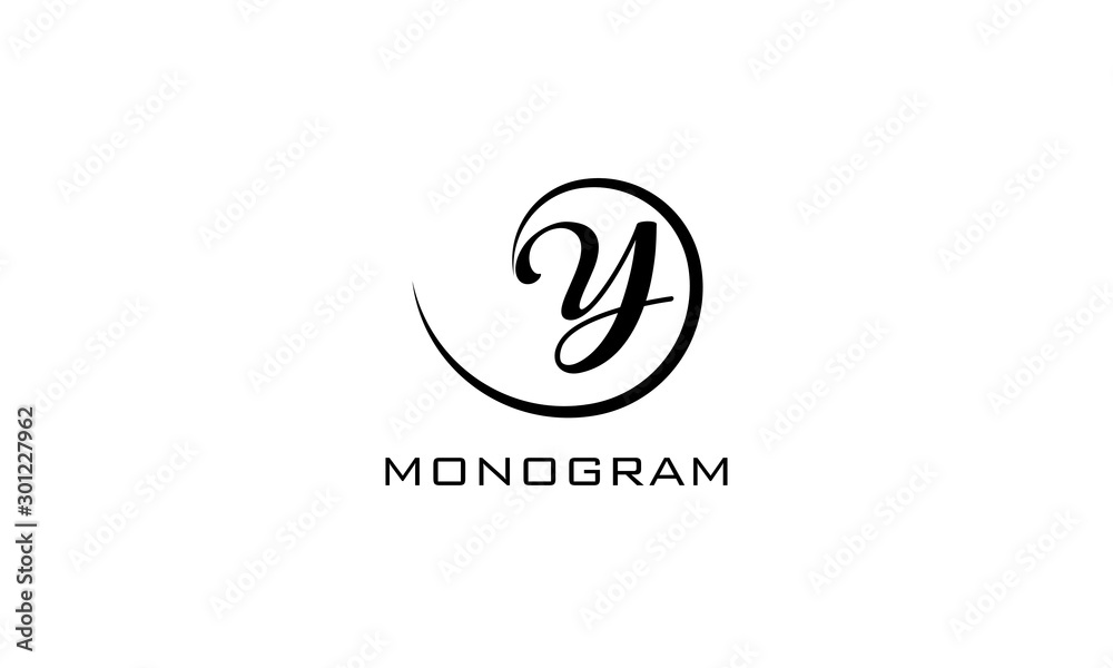 Monogram. Typographic logo with capital letter Y. Icon lettering style with decorative swirl in black isolated on light background.