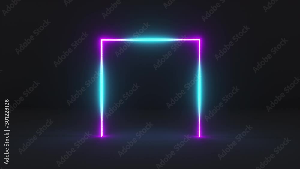 3D abstract neon light stripes lines with reflection on dark background. 4k seamles loop animation.