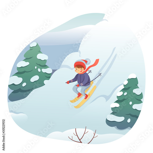 Little child skiing flat vector illustration. Smiling kid in warm clothes cartoon character. Happy childhood activity, winter holidays. Active outdoor pastime, sports leisure, seasonal recreation.