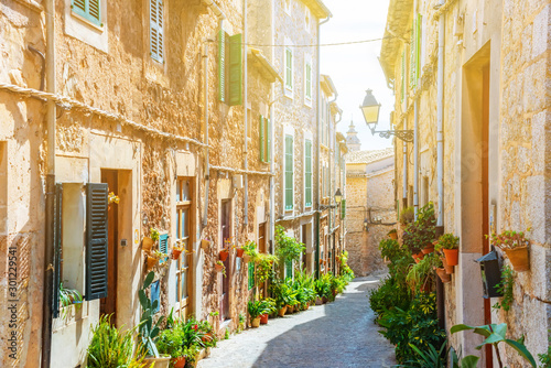 Street of Valldemossa old mediterranean village, landmark of Majorca, Spain island photo