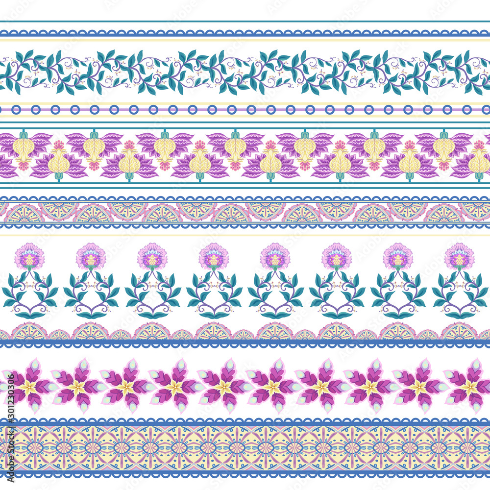 Seamless pattern with stylized ornamental flowers in retro, vintage style. Jacobean embroidery. Colored vector illustration In pink, blue, ultraviolet colors. Isolated on white background.