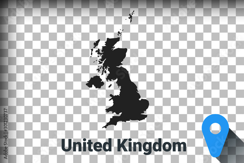 Map of United Kingdom, black map on a transparent background. alpha channel transparency simulation in png. vector	