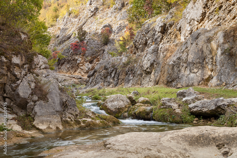 Obraz premium Low angle, long exposure shot of curvy mountain creek cascading through the rocky canyon and colorful, sunlit, autumn colored trees