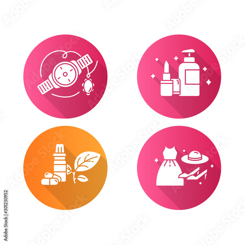 E commerce departments flat design long shadow glyph icons set. Online shopping categories. Beauty and personal care. Fashion. Jewelry and watches. Health products. Vector silhouette illustration