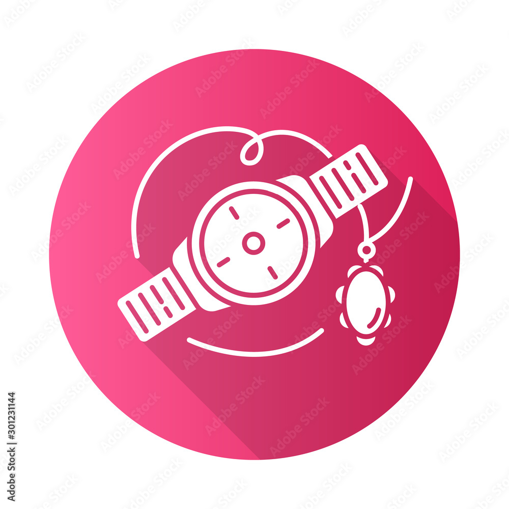 Jewelry and watches pink flat design long shadow glyph icon. Necklace, bracelet with precious stone. Fashion details. E commerce department, shopping categories. Vector silhouette illustration Jewelry and watches pink flat design long shadow glyph icon. Necklace, bracelet with precious stone. Fashion details. E commerce department, shopping categories. Vector silhouette illustration