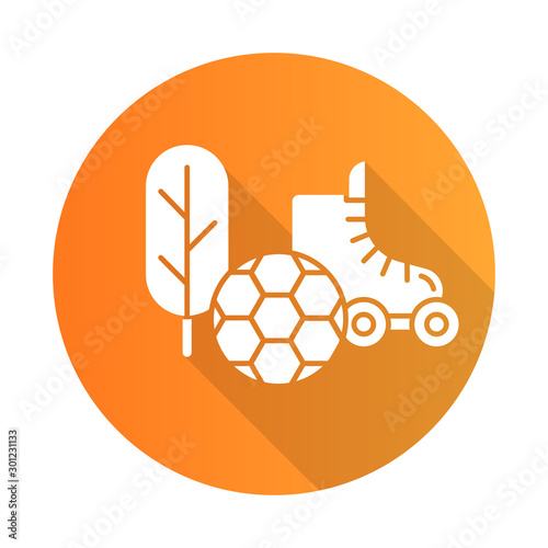 Sports and outdoors flat orange design long shadow glyph icon. Hobbies, games and sport. E commerce department, online shopping categories. Active leisure concept. Vector silhouette illustration