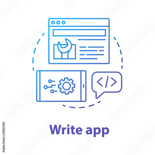 Write app concept icon. Software development idea thin line illustration. Service orchestration. Tools for front-end, back-end developer. Application management. Vector isolated outline drawing