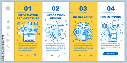 Information architecture onboarding mobile web pages vector template. Responsive smartphone website interface idea with linear illustrations. Webpage walkthrough step screens. Color concept