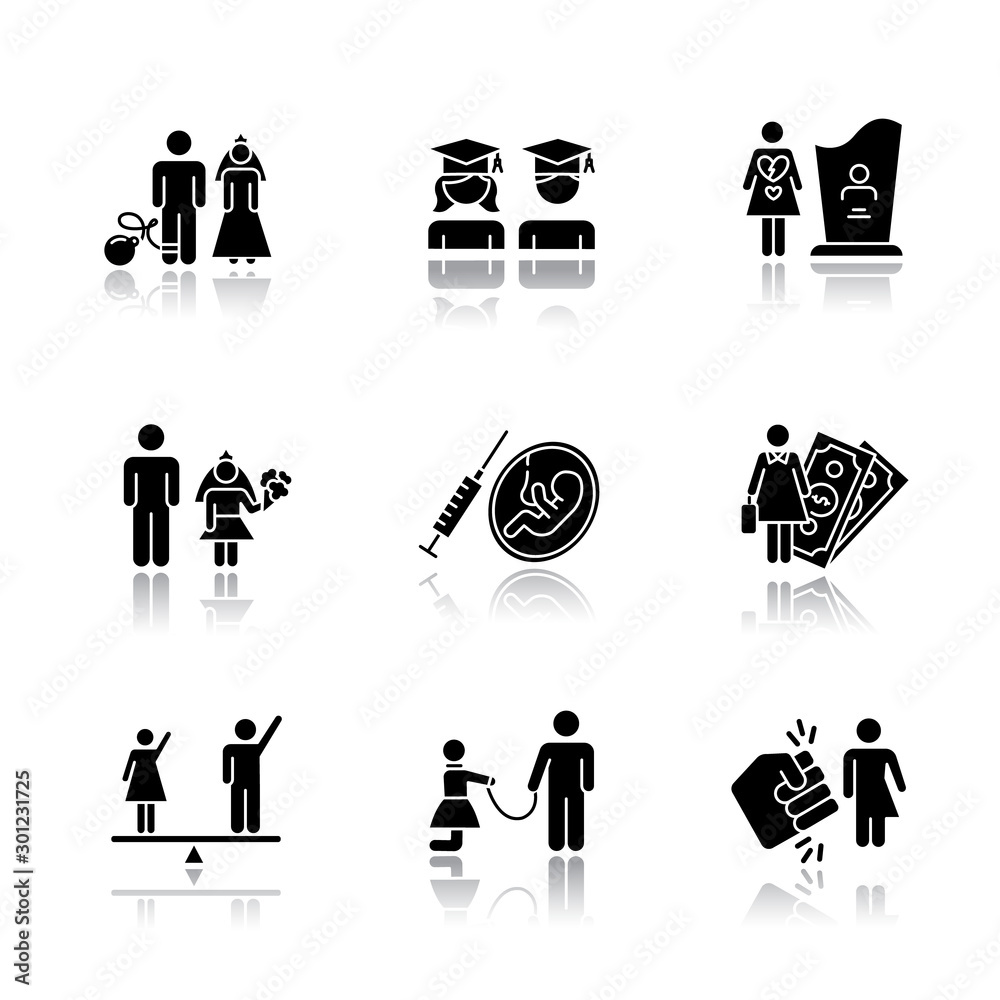 Gender equality drop shadow black glyph icons set. Forced marriage.  Education equality. Maternity mortality. Child marriage. Female economic  activity. Trans woman. Isolated vector illustrations Stock Vector | Adobe  Stock