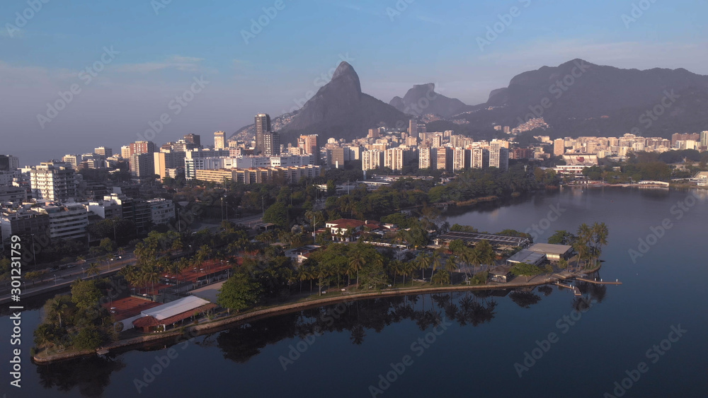 Aerial panorama of the city lake with exclusive island and club Caiçaras in Ipanema in the foreground and Leblon and Two Brothers mountain in the background