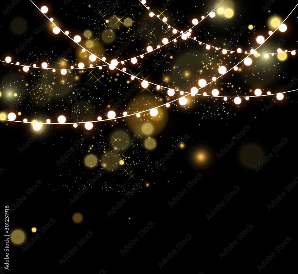 Christmas bright, beautiful lights, design elements. Glowing lights for design of Xmas greeting cards. Garlands, light Christmas decorations.
