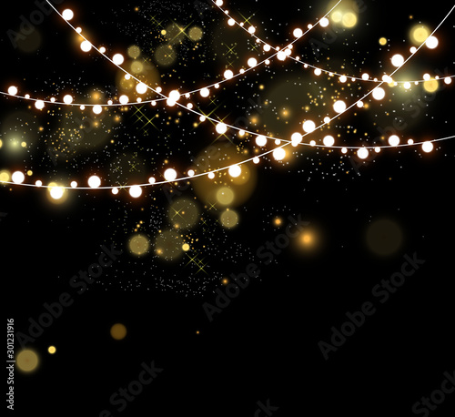 Christmas bright, beautiful lights, design elements. Glowing lights for design of Xmas greeting cards. Garlands, light Christmas decorations.