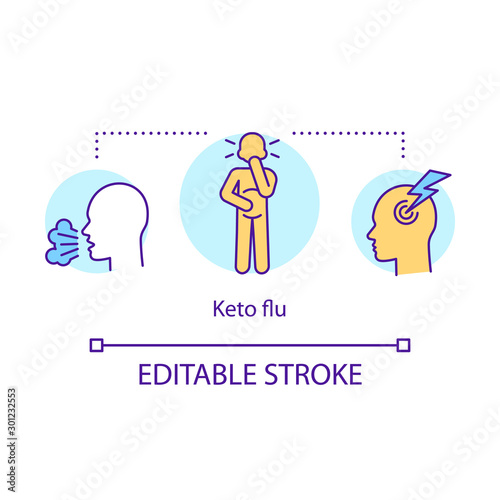 Keto flu concept icon. Ketogenic diet side effects idea thin line illustration. Migraine, cough, stomach pain. Disease symptoms, illness Vector isolated outline drawing. Editable stroke