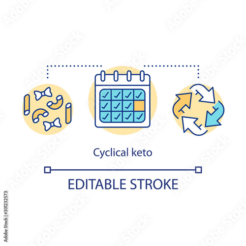 Cyclical keto concept icon. Ketogenic diet idea thin line illustration. CKD, calendar method. Healthcare, lifestyle. High fat, low carb. Vector isolated outline drawing. Editable stroke