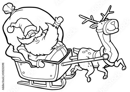 Black And White Coloring Page Outline Of A Reindeer Flying Santa's Sleigh