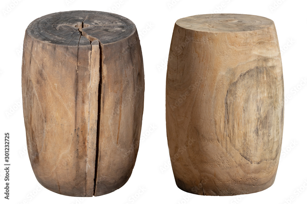 Obraz premium Wooden pool furniture. Close-up of a old weathered and cracked wooden seat or table isolated on a white background. Solid wood for using for sitting or as storage space at the pool area.