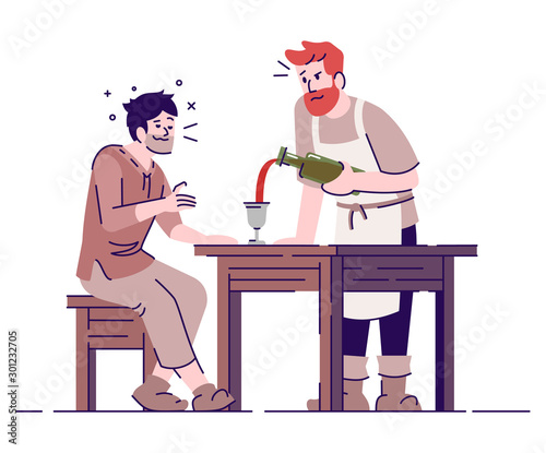 Medieval tavern with peasants flat vector illustration. Owner and visitor drinking wine in ancient pub isolated cartoon characters with outline elements on white background. Fairytale personages