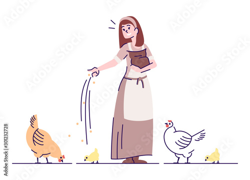 Medieval peasant girl feeding fowl flat vector illustration. Farmer with chickens isolated cartoon characters with outline elements on white background. Ancient animal breeding and agriculture