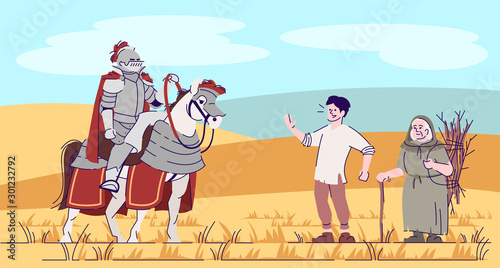 Medieval knight on horse and peasants in field flat vector illustration. Cavalier in armor with farmers cartoon characters with outline. Middle age worrier and simple people. Fantasy personages