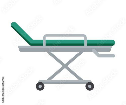 Emergency department stretchers flat illustration. Cartoon medical equipment for injured patients. Hospital bed isolated clipart on white background. Paramedic, first aid service tool design element.