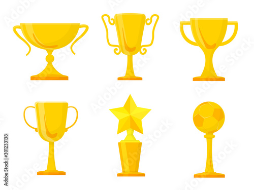 Golden trophies flat illustrations set. Sports achievements cups and goblets. Career goals award isolated clipart. Competition, championship, contest. Winner prizes design elements collection.