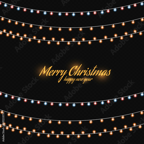 Christmas golden lights isolated on dark background. Christmas luminous garland. Vector illustration