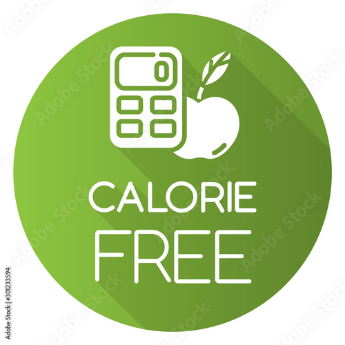 Calorie free green flat design long shadow glyph icon. Low calories snacks for weight loss. Product free ingredient. Fresh organic food. Nutritious fruits. Vector silhouette illustration