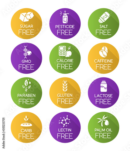 Product free ingredient flat design long shadow glyph icons set. No lectine, paraben, gluten. Organic food, healthy eating. Dietary without allergens and sweeteners. Vector silhouette illustration