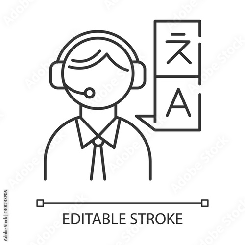 Translation services linear icon. Translation agency worker. Consecutive interpretation. Translator. Thin line illustration. Contour symbol. Vector isolated outline drawing. Editable stroke