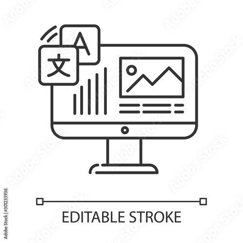Website localization, DTP services linear icon. Website translation. Text editing, spelling correction. Thin line illustration. Contour symbol. Vector isolated outline drawing. Editable stroke