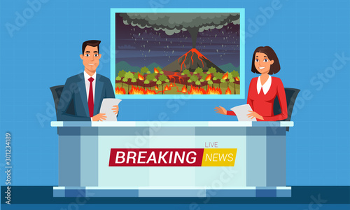 Live breaking news flat illustration. TV studio interior vector illustration. Television news program presenters cartoon characters. Disaster, catastrophe tidings. Broadcast announcing.