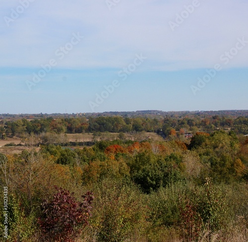 A view of the autumn countryside valley on a sunny day,