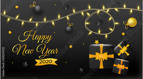 New Year 2020 festive background with decorative glittering lamps and stars suitable for poster, invitation card.