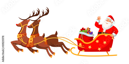 Santa claus riding sleigh flat vector illustration