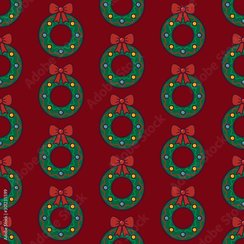 Christmas wreath seamless pattern. Festive wreath with ribbon on red background