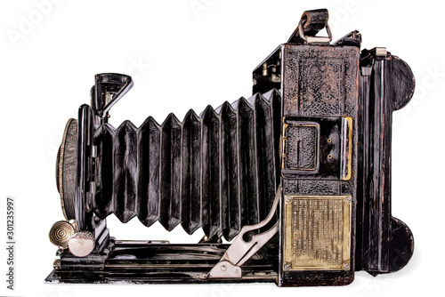 Drawing of an old black camera on white background, isolated. photo