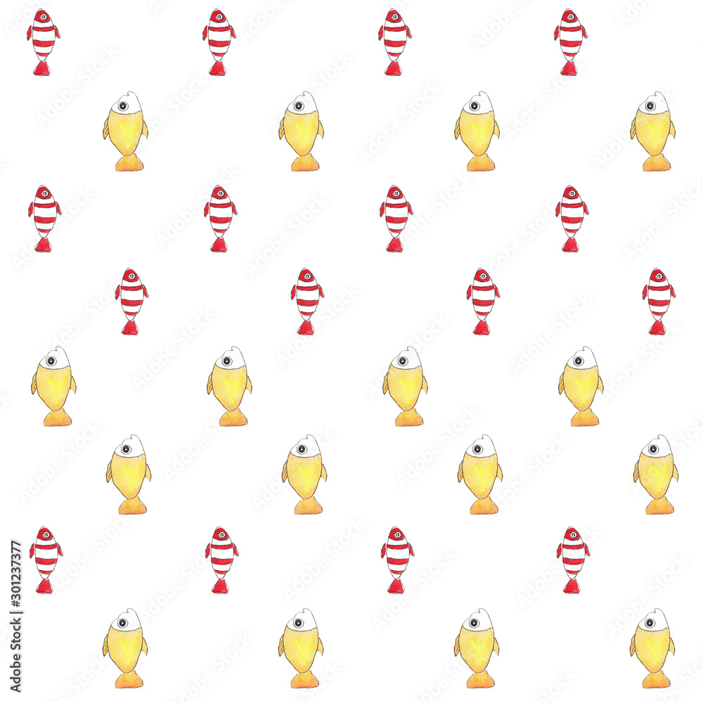 Pattern of watercolor yellow and red fish on a white background Pattern of watercolor yellow and red fish on a white background