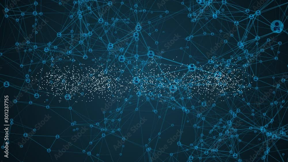 Social network concept on futuristic digital blue abstract background. Connected people on techonology net. 4k networking viral animation 3d.