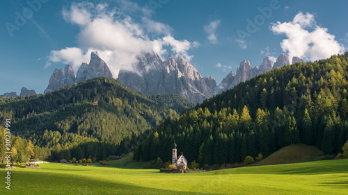 Landscape with beautiful Santa Maddalena church in Dolomites mountains