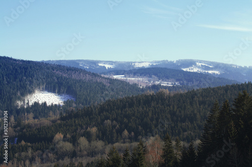 Fototapeta Naklejka Na Ścianę i Meble -   View from mountain Grosser Osser in National park  Bavarian forest, Germany. Winter landscape.